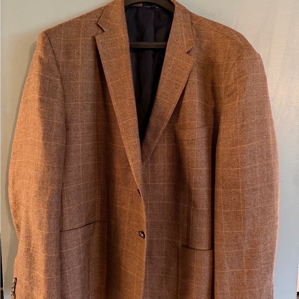 Jos A Bank 1905 brrr° Comfort Blazer 52R Brown Blue Tan Plaid Sport Coat